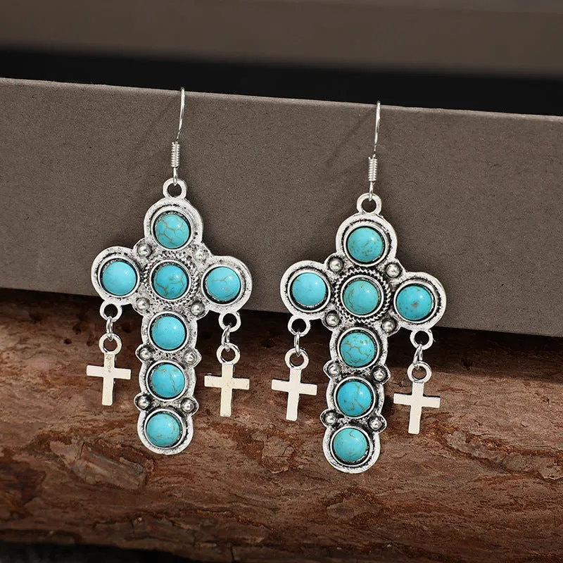 Wholesale Bohemian Cross Vintage Turquoise Alloy Earrings
