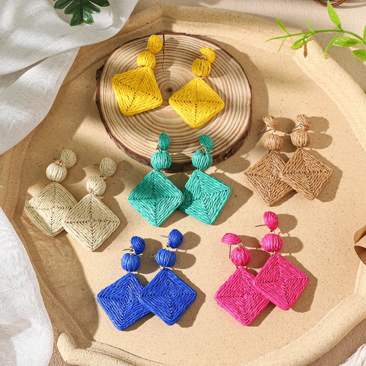 Wholesale Bohemian Diamond Shaped Rattan Braided Earrings