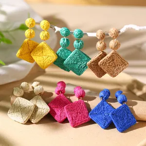 Wholesale Bohemian Diamond Shaped Rattan Braided Earrings