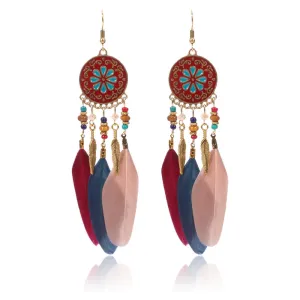 Wholesale Bohemian Ethnic Style Disc Pattern Alloy Feather Earrings