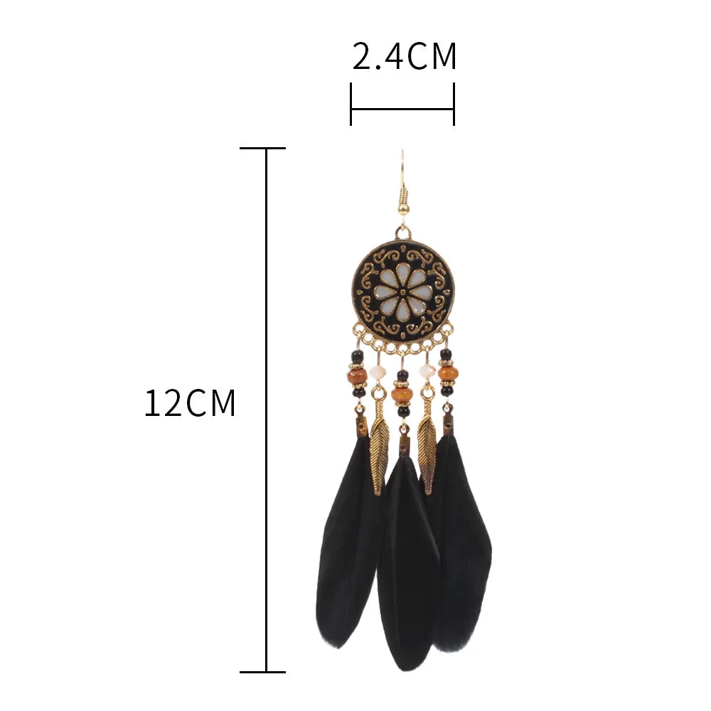 Wholesale Bohemian Ethnic Style Disc Pattern Alloy Feather Earrings