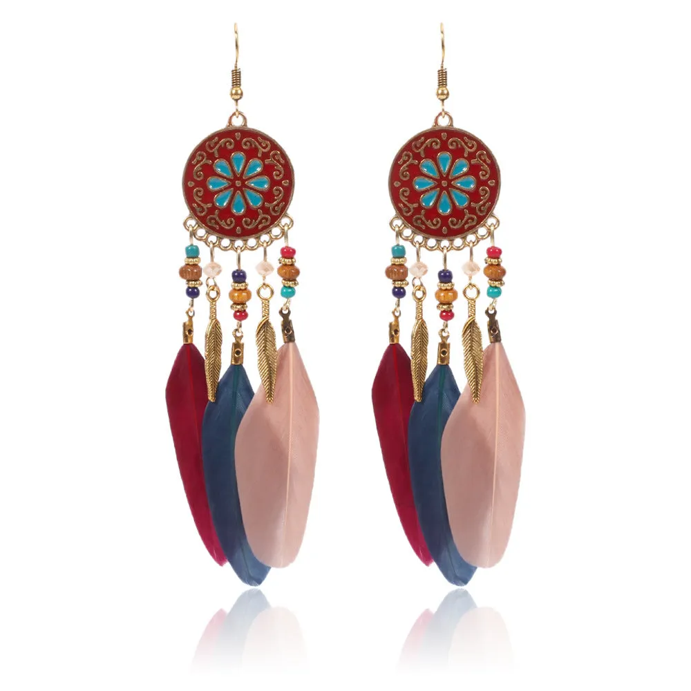 Wholesale Bohemian Ethnic Style Disc Pattern Alloy Feather Earrings
