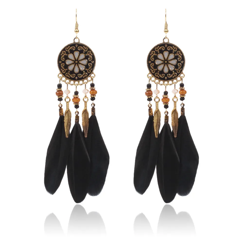 Wholesale Bohemian Ethnic Style Disc Pattern Alloy Feather Earrings