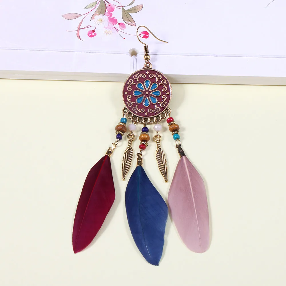 Wholesale Bohemian Ethnic Style Disc Pattern Alloy Feather Earrings