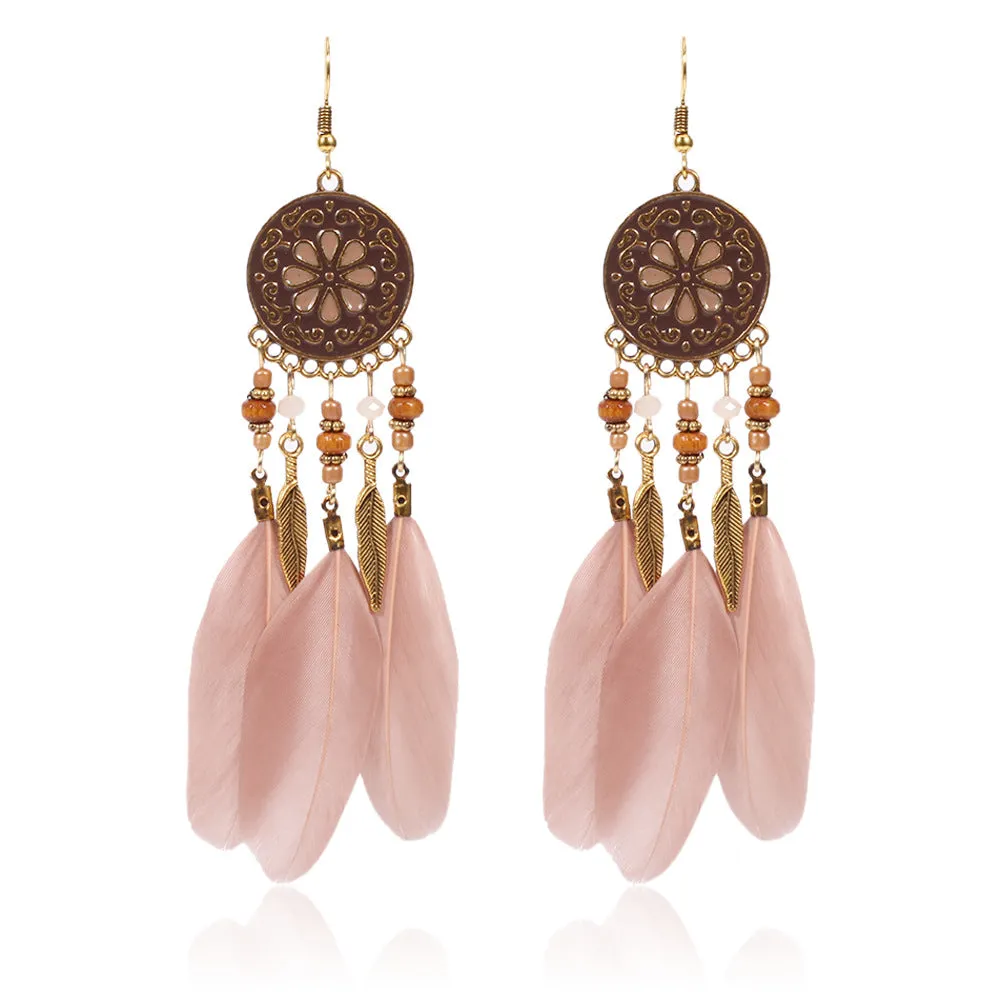 Wholesale Bohemian Ethnic Style Disc Pattern Alloy Feather Earrings