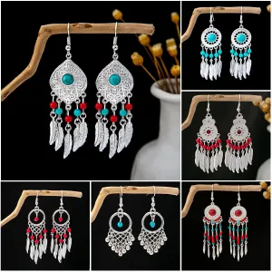 Wholesale Bohemian Ethnic Style Feather Tassel Alloy Earrings