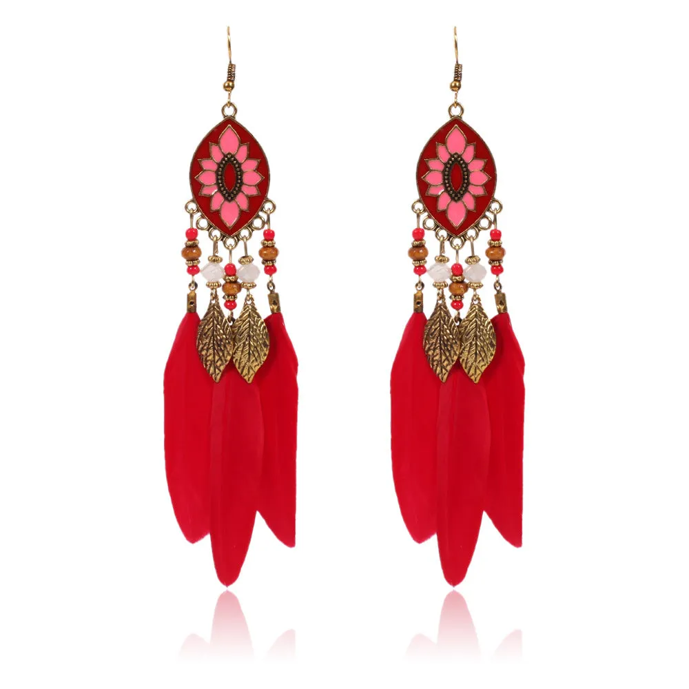 Wholesale Bohemian Ethnic Style Leaf Feather Alloy Earrings