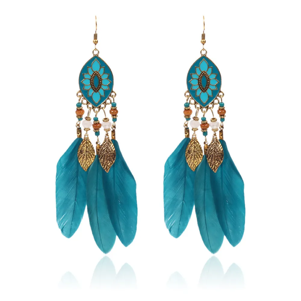Wholesale Bohemian Ethnic Style Leaf Feather Alloy Earrings