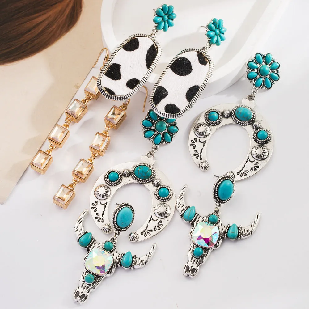 Wholesale Bohemian Ethnic Turquoise Milk Leather Diamond Hollow Earrings