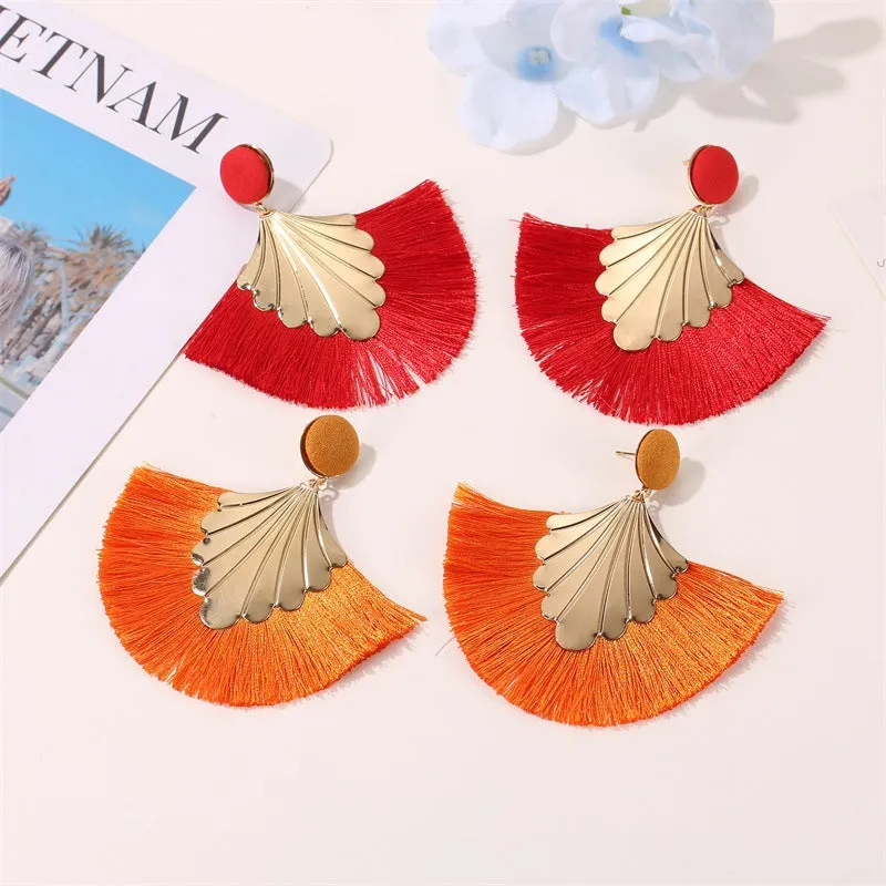 Wholesale Bohemian Fan Shape Long Tassel Vintage Ripple Earrings