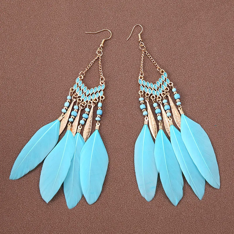Wholesale Bohemian Feather Long Earrings