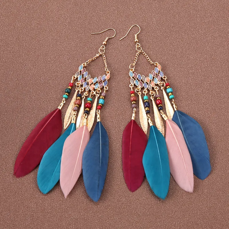 Wholesale Bohemian Feather Long Earrings