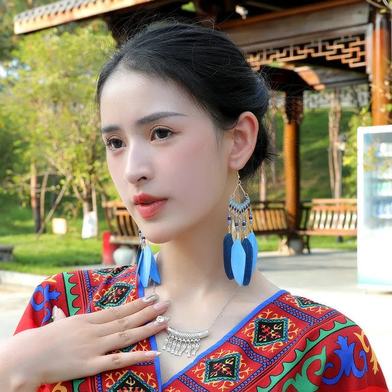 Wholesale Bohemian Feather Long Earrings