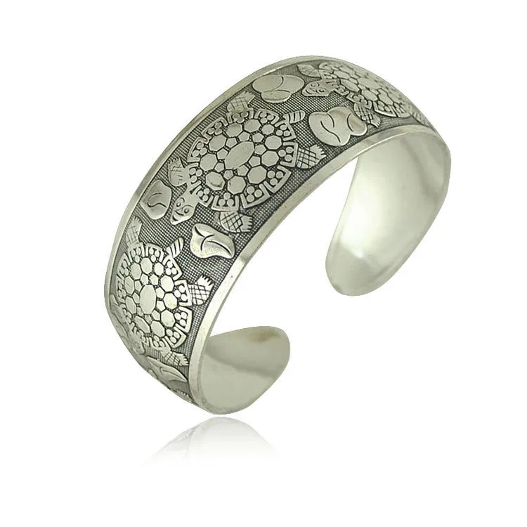 Wholesale  Bohemian Flower Teng Ancient Miao Silver Bracele Retro Wide Tibetan Silver Bracelet