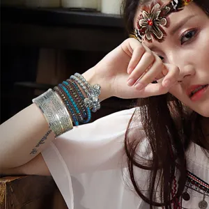 Wholesale  Bohemian Flower Teng Ancient Miao Silver Bracele Retro Wide Tibetan Silver Bracelet