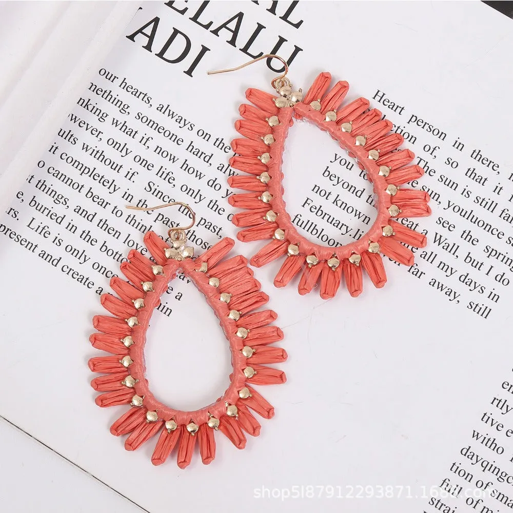 Wholesale Bohemian Hand Woven Geometric Raffia Vintage Earrings