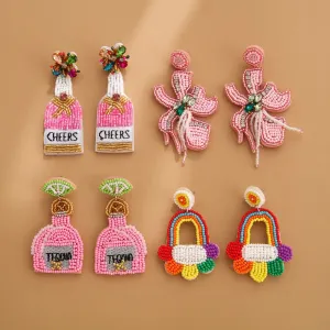 Wholesale Bohemian Handmade Fabric Rice Beads Wine Bottle Flower Earrings