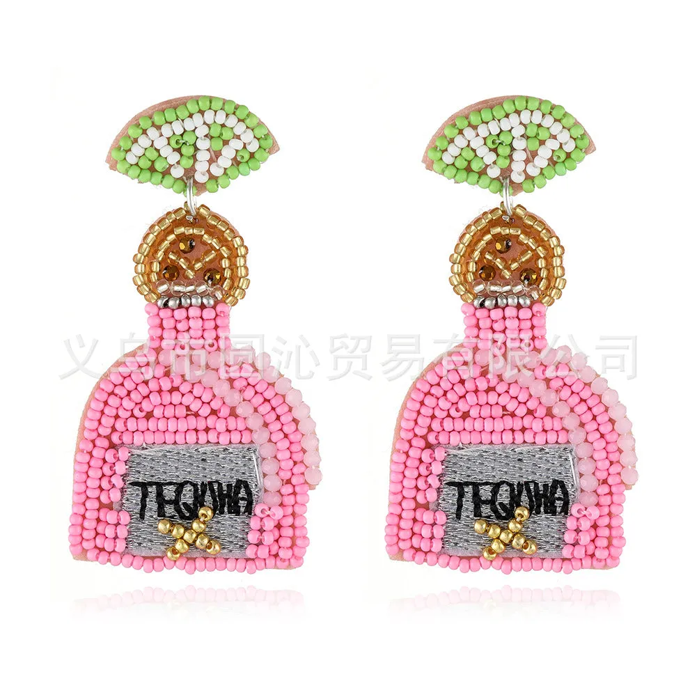 Wholesale Bohemian Handmade Fabric Rice Beads Wine Bottle Flower Earrings