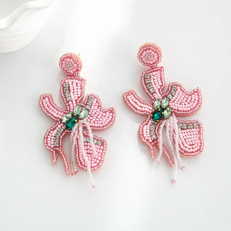 Wholesale Bohemian Handmade Fabric Rice Beads Wine Bottle Flower Earrings