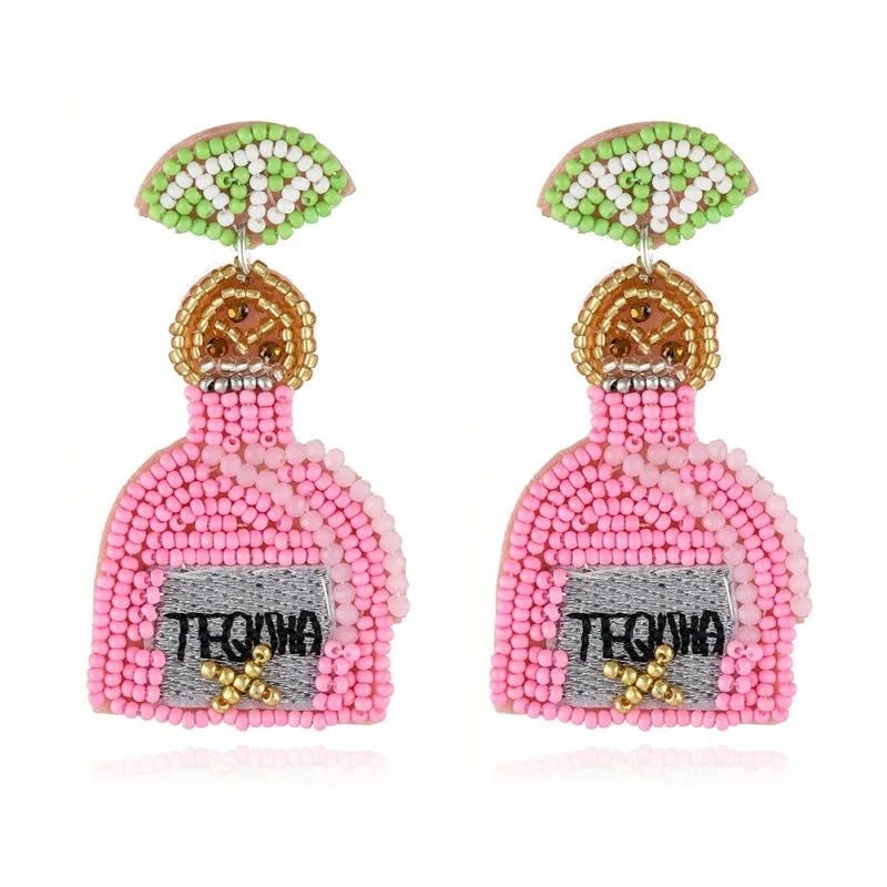 Wholesale Bohemian Handmade Fabric Rice Beads Wine Bottle Flower Earrings