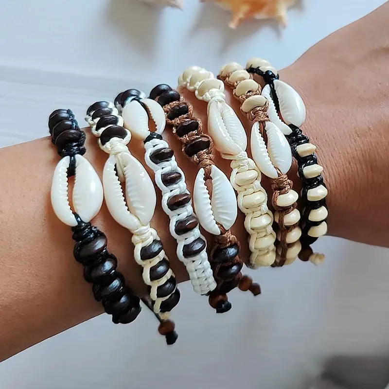 Wholesale Bohemian Handmade Woven Wood Beads Shell Bracelet
