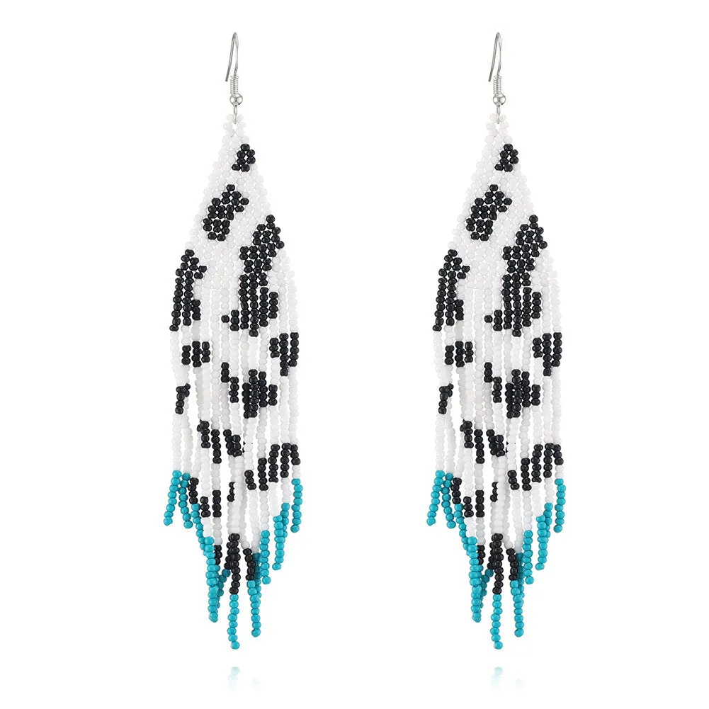 Wholesale Bohemian Handwoven Cow Pattern Long Tassel Rice Bead Earrings