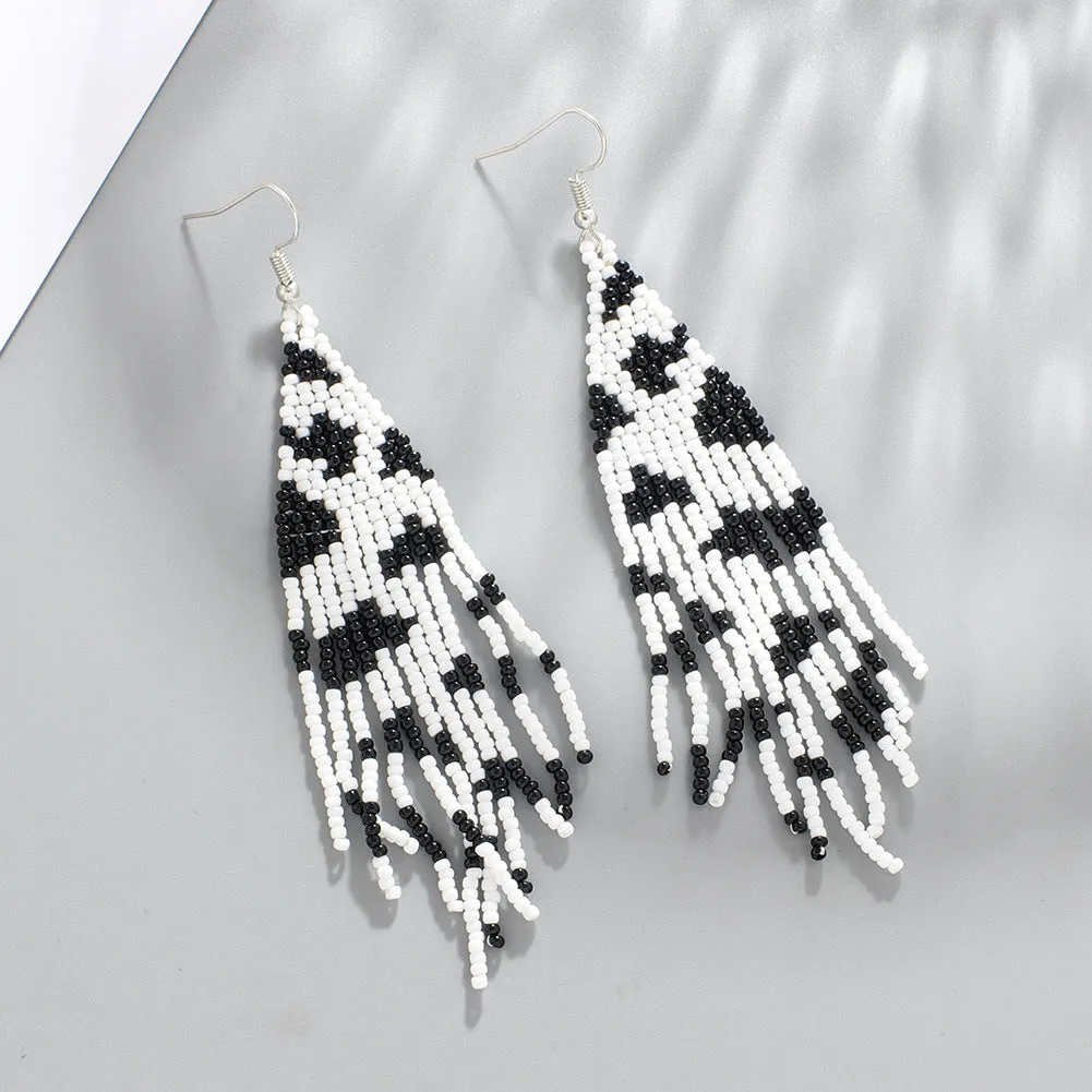 Wholesale Bohemian Handwoven Cow Pattern Long Tassel Rice Bead Earrings