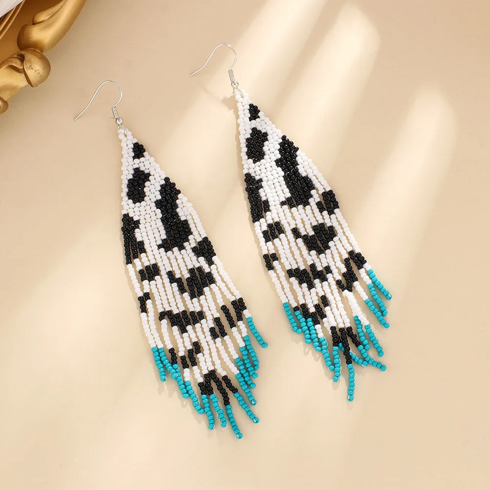 Wholesale Bohemian Handwoven Cow Pattern Long Tassel Rice Bead Earrings