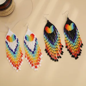 Wholesale Bohemian Handwoven Rainbow Heart-shaped Rice Bead Tassel Earrings