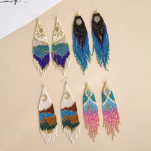 Wholesale Bohemian Handwoven Star Moon Series Rice Beads Tassel Earrings