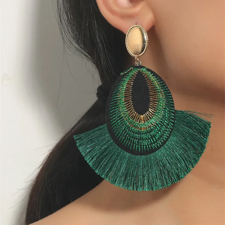Wholesale Bohemian Peacock Feather Tassel Long Stud Earrings