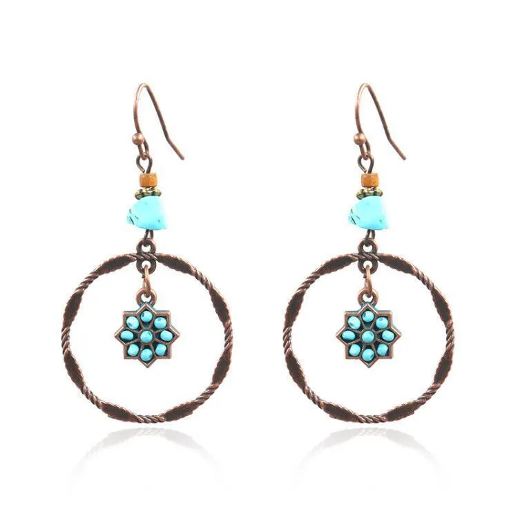 Wholesale Bohemian Plum Flower Turquoise Earrings