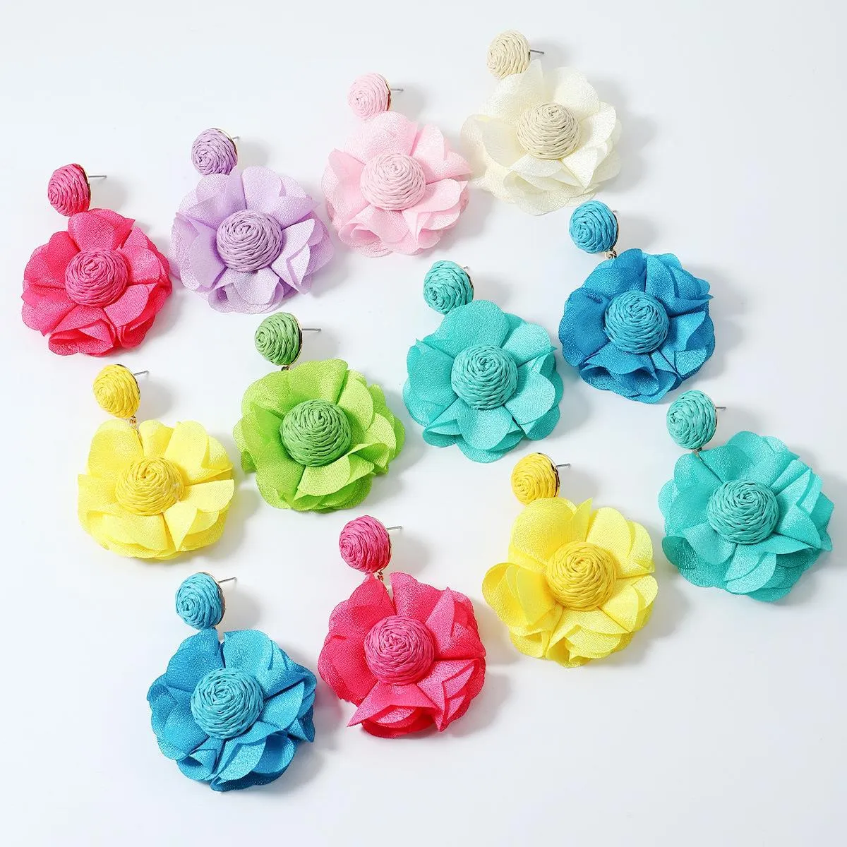 Wholesale Bohemian Raffia Braided Flower Earrings