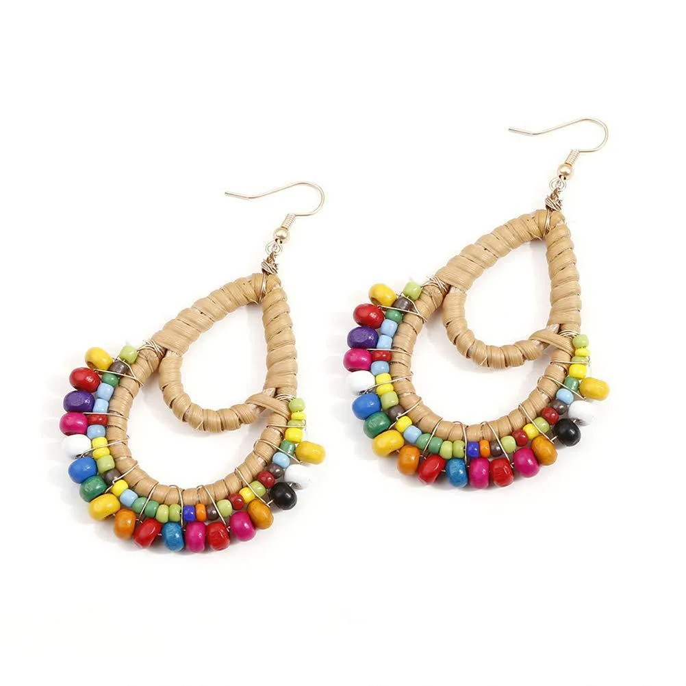 Wholesale Bohemian Rattan Wooden Beads Fishhook Hoop Earrings
