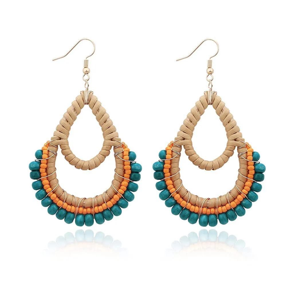 Wholesale Bohemian Rattan Wooden Beads Fishhook Hoop Earrings