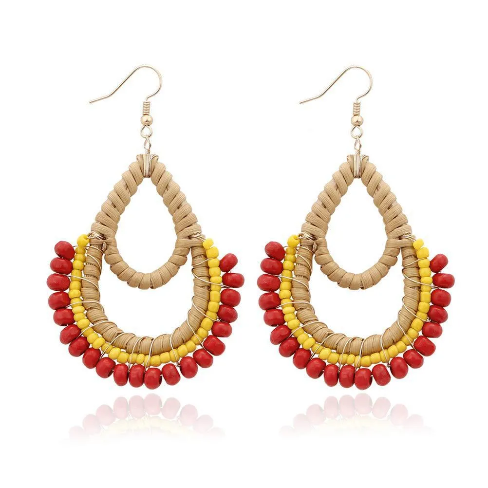 Wholesale Bohemian Rattan Wooden Beads Fishhook Hoop Earrings