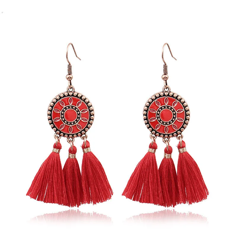 Wholesale Bohemian Red Vintage Tassel Dream Catcher Earrings