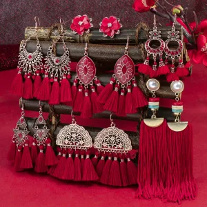 Wholesale Bohemian Red Vintage Tassel Dream Catcher Earrings