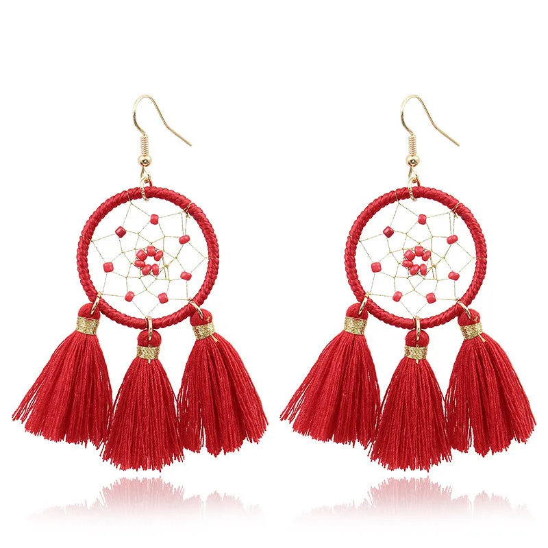 Wholesale Bohemian Red Vintage Tassel Dream Catcher Earrings