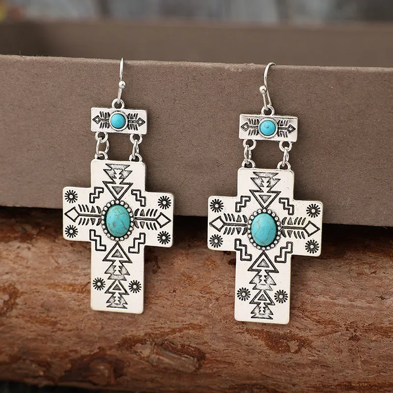 Wholesale Bohemian Retro Cross Inlaid Turquoise Long Alloy Ethnic Style Earrings