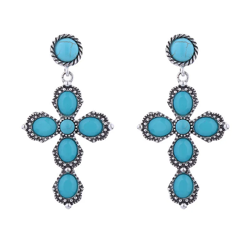 Wholesale Bohemian Retro Ethnic Style Alloy Turquoise Cross Earrings
