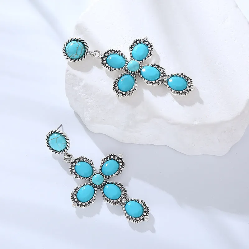 Wholesale Bohemian Retro Ethnic Style Alloy Turquoise Cross Earrings