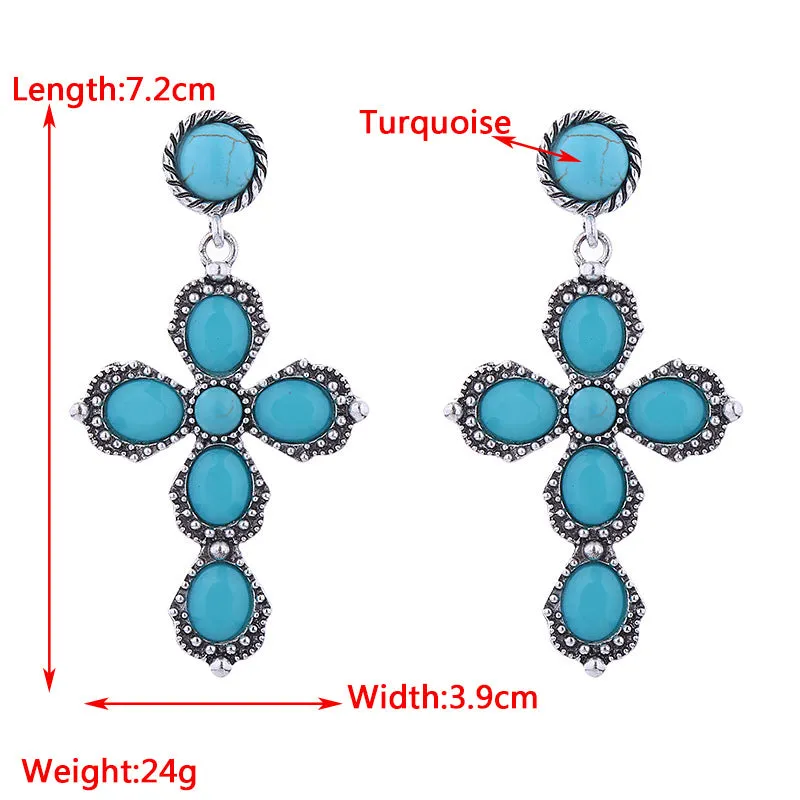 Wholesale Bohemian Retro Ethnic Style Alloy Turquoise Cross Earrings