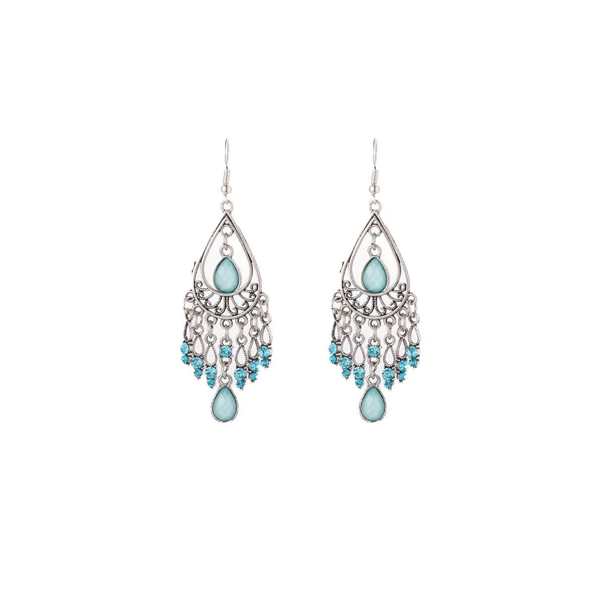 Wholesale Bohemian Retro Long Peacock Feather Diamond Tassel Earrings