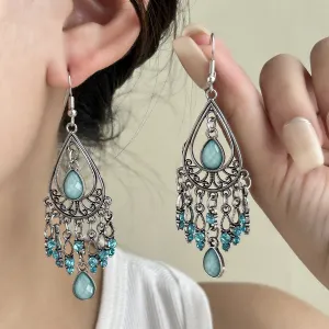 Wholesale Bohemian Retro Long Peacock Feather Diamond Tassel Earrings