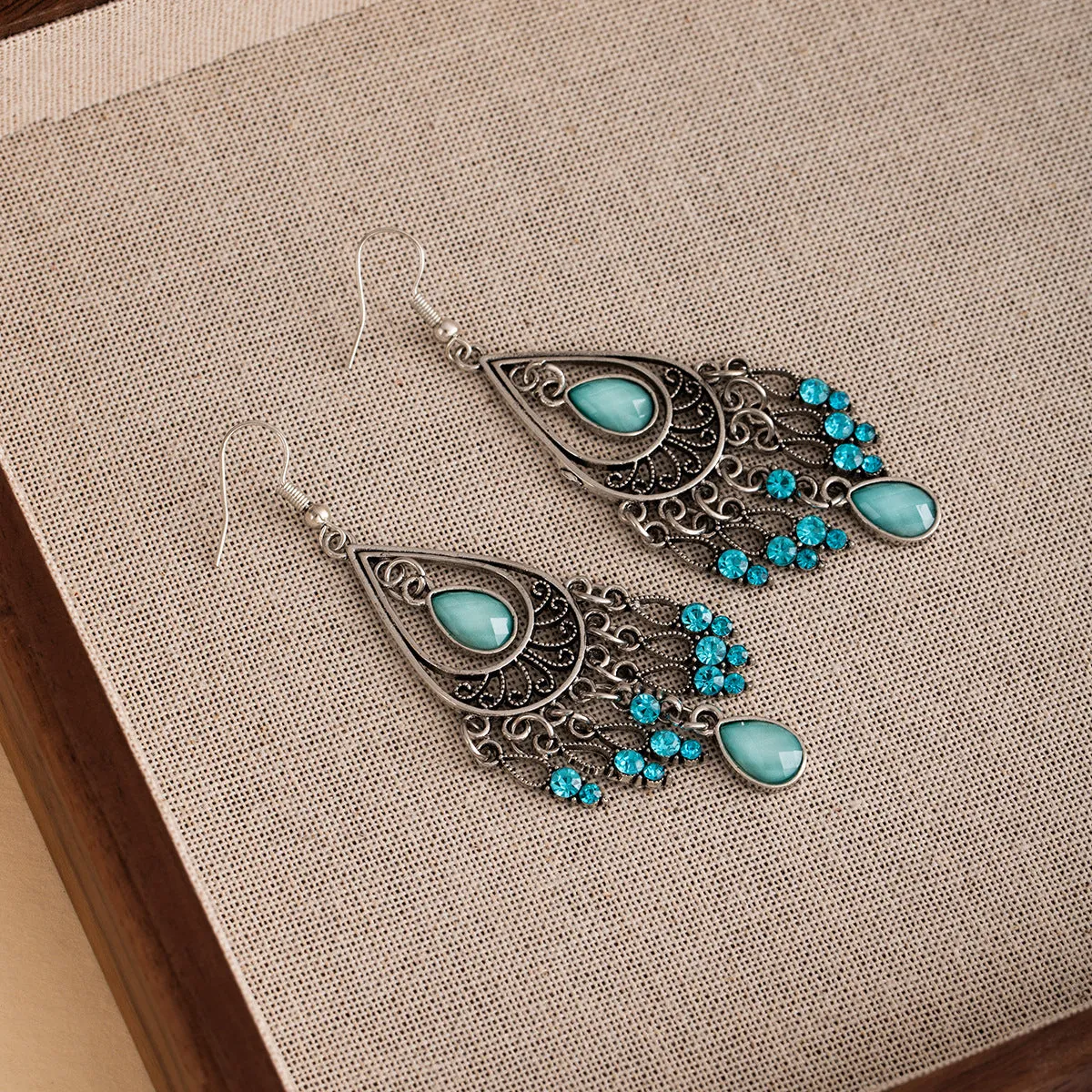 Wholesale Bohemian Retro Long Peacock Feather Diamond Tassel Earrings