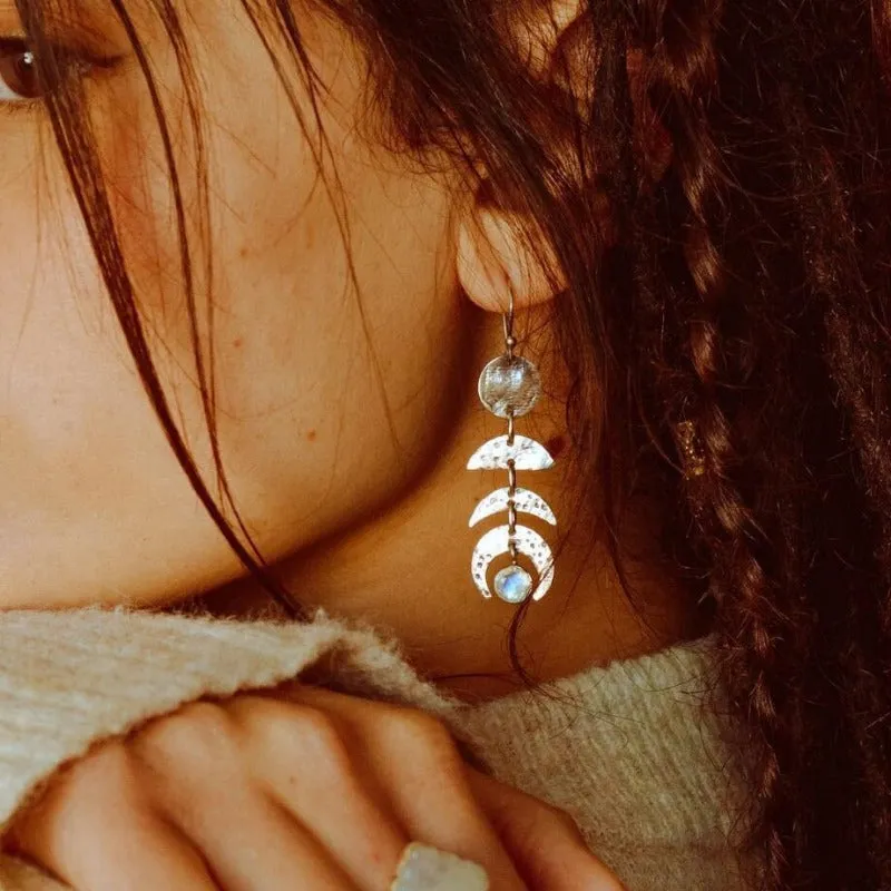 Wholesale Bohemian Retro Moon Phase Moonstone Long Women's Alloy Earrings