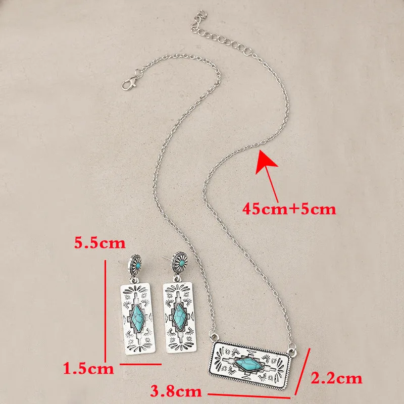 Wholesale Bohemian Retro Pumpkin Flower Splicing Geometric Turquoise Alloy Earrings Necklace Set