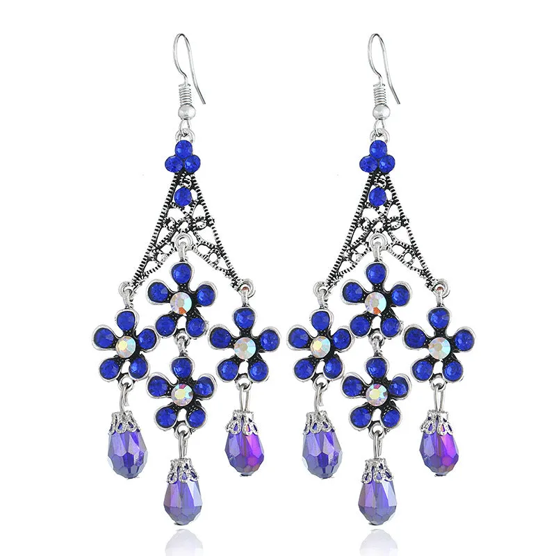 Wholesale Bohemian Retro Tassel Exaggerated Hollow Long Floral Crystal Earrings