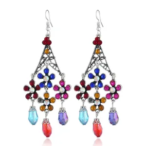 Wholesale Bohemian Retro Tassel Exaggerated Hollow Long Floral Crystal Earrings